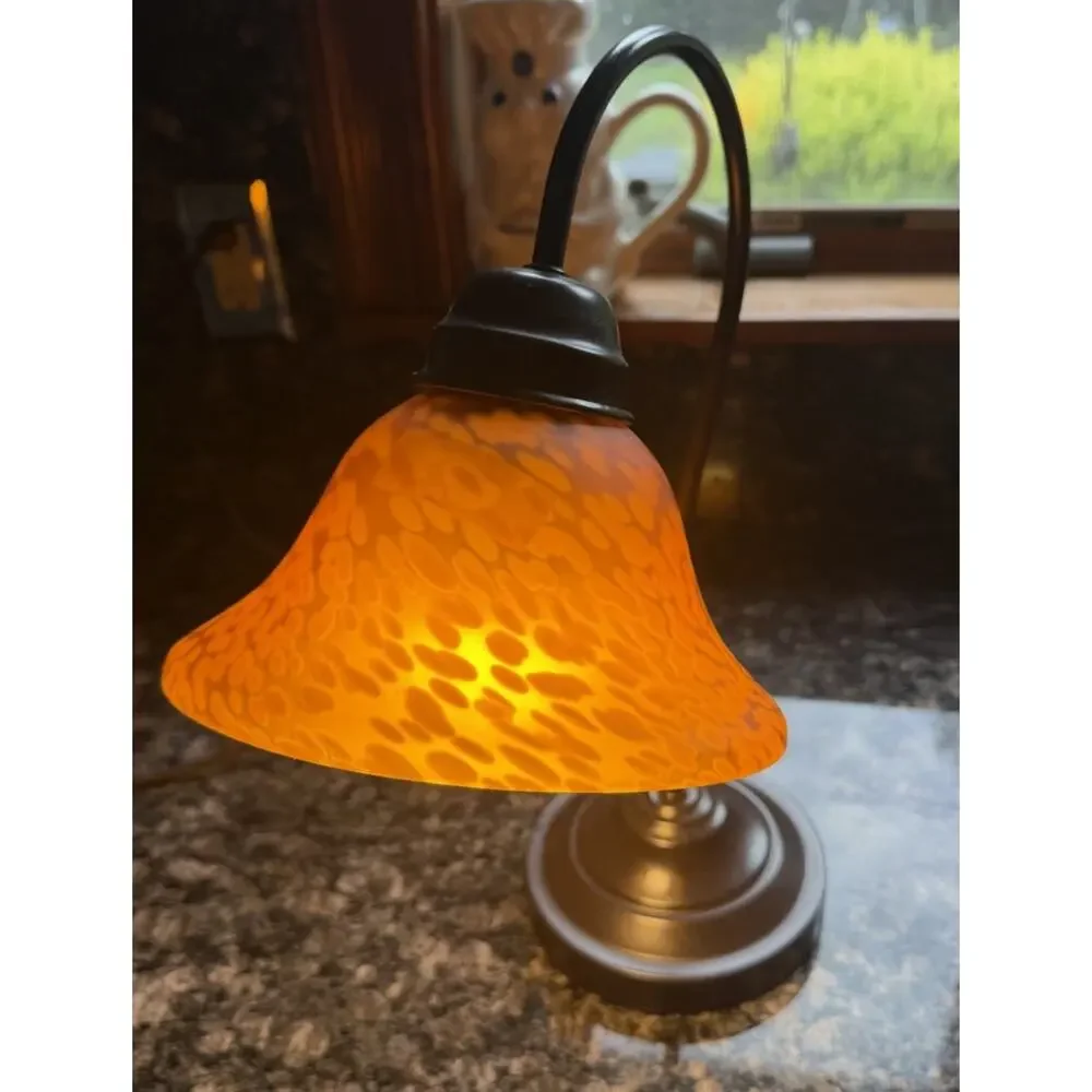 Vintage 1990’s Gooseneck Table Lamp Gold Speckled Art Glass Shade MCM Style